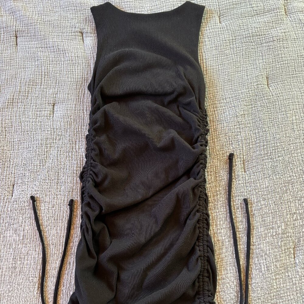 Lulus Over And Over Black Ribbed Drawstring Ruched Bodycon Dress - Size L - Picture 3 of 3